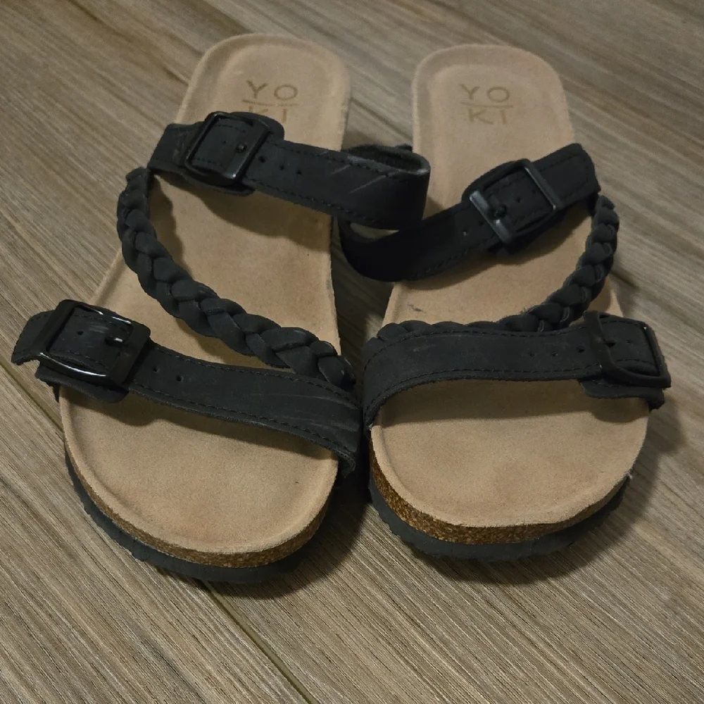 EUC Black Double Strap Braided Leather Corkboard Sandals | Size 9